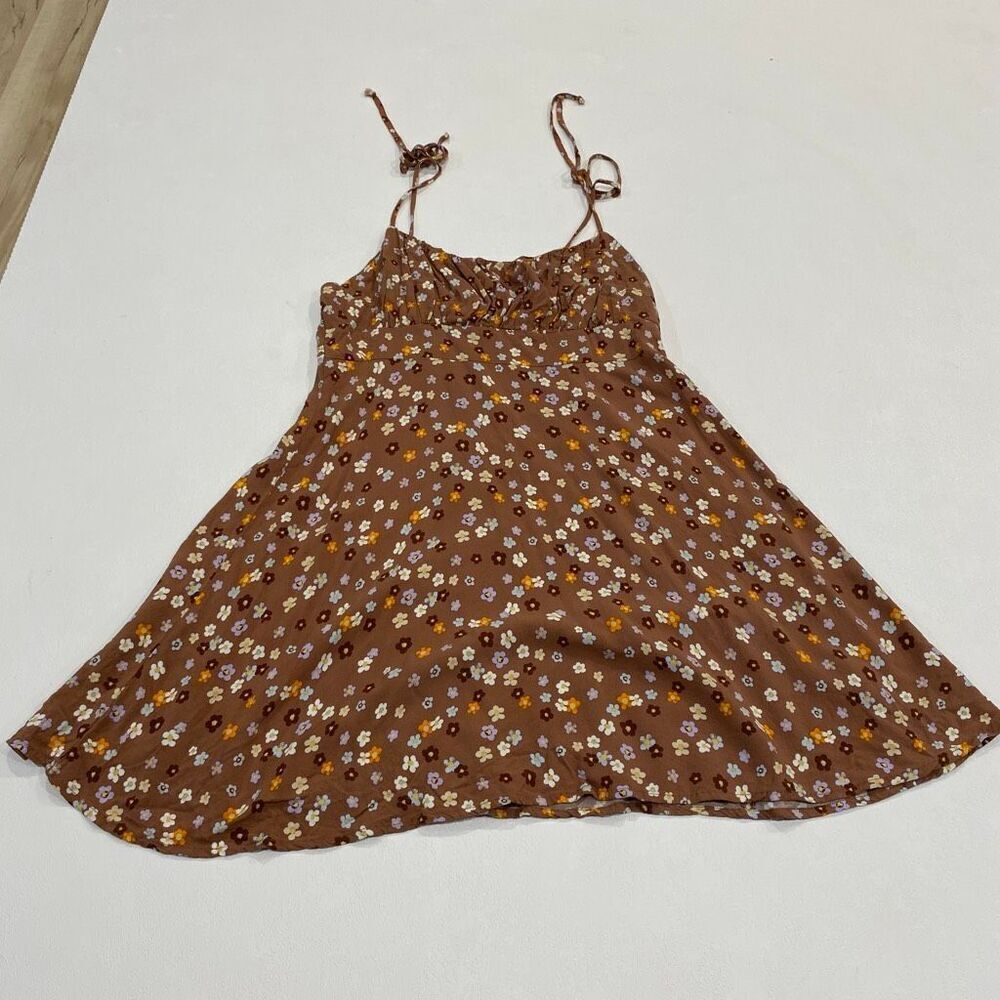 LA Hearts Brown Floral Mini Dress M | Y2K Boho A-Line Tie Strap Sundress